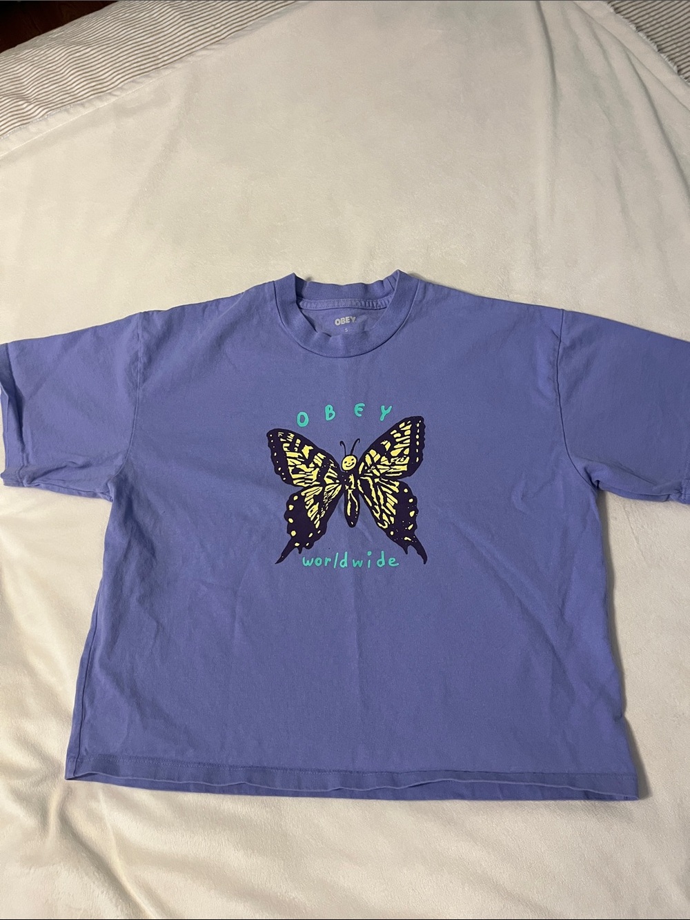 Obey Purple Tee with Yellow & Black Butterfly Graphic